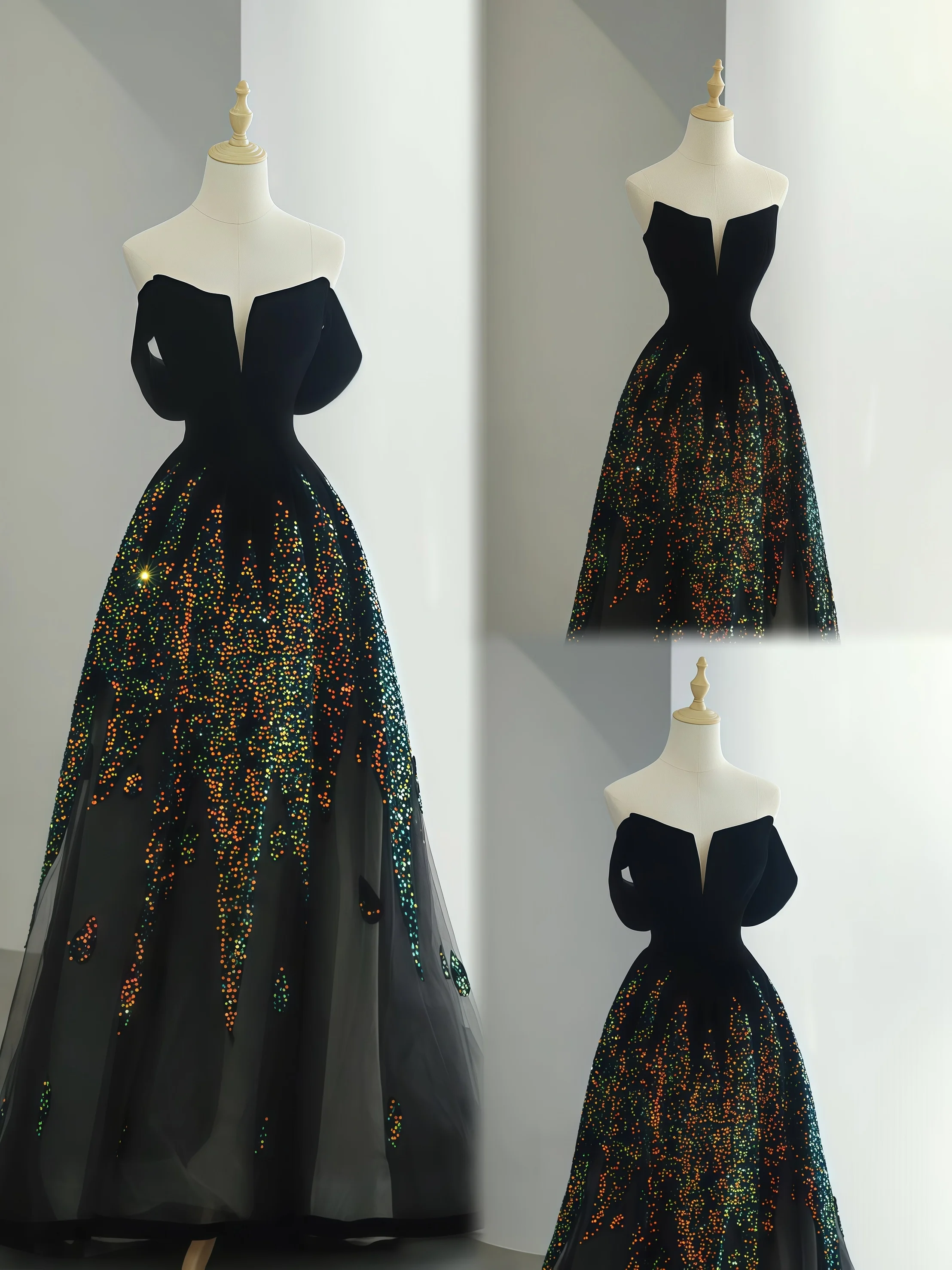

Sexy Deep V-Neck Black Prom Dress A-Line With Sequins Strapless Backless Sleeveless Formal Occasion Cocktail Party Evening Dress