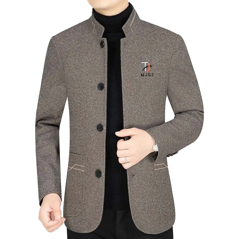 New Winter Men Fleece Warm Blazers Jackets Cashmere Woollen Suits Coats Stand-up Collar Business Casual Trench Coats Jackets 4XL