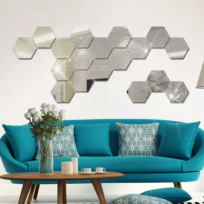 12PCS 3D Hexagon Mirror Wall Sticker Blue Gold DIY TV Background Living Room Stickers Wall Decor Bedroom Bathroom Home Decor