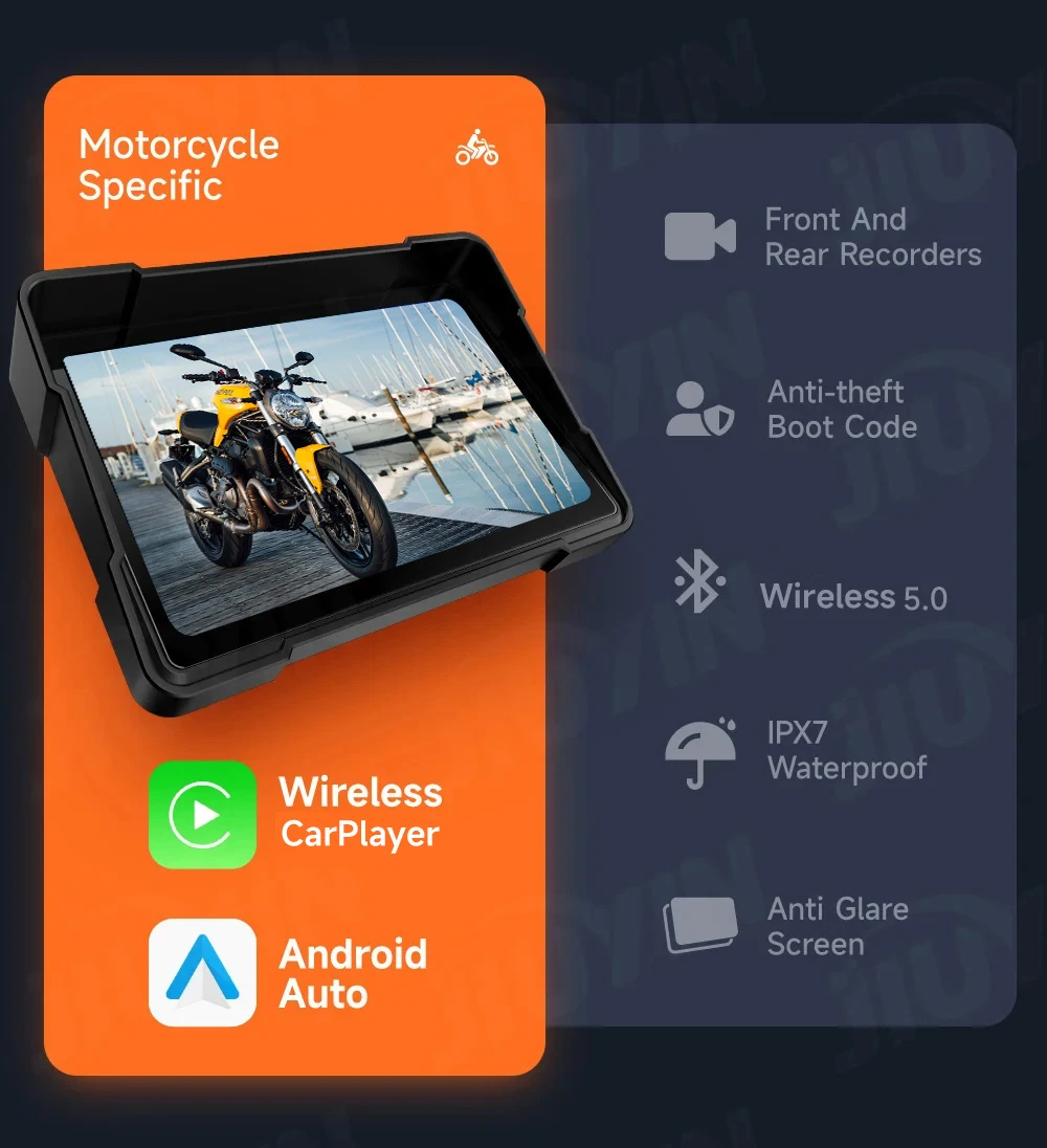 Jiuyin 5Inch Motorcycle Navigation Gps Hd Dual Video Recording Smart Wireless Apple Carplay Android Ipx7 Waterproof