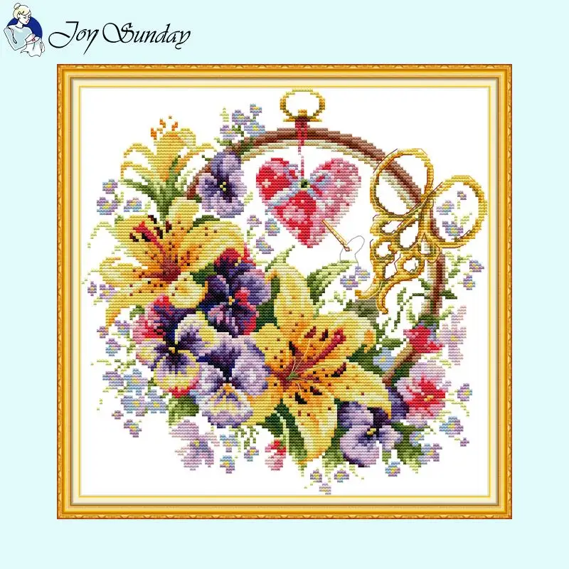 Flower Basket and Round Fruit Series Cross Stitch Kit Aida 14ct 16ct HD Printed Fabric Embroidery Set DIY Home Decoration Crafts