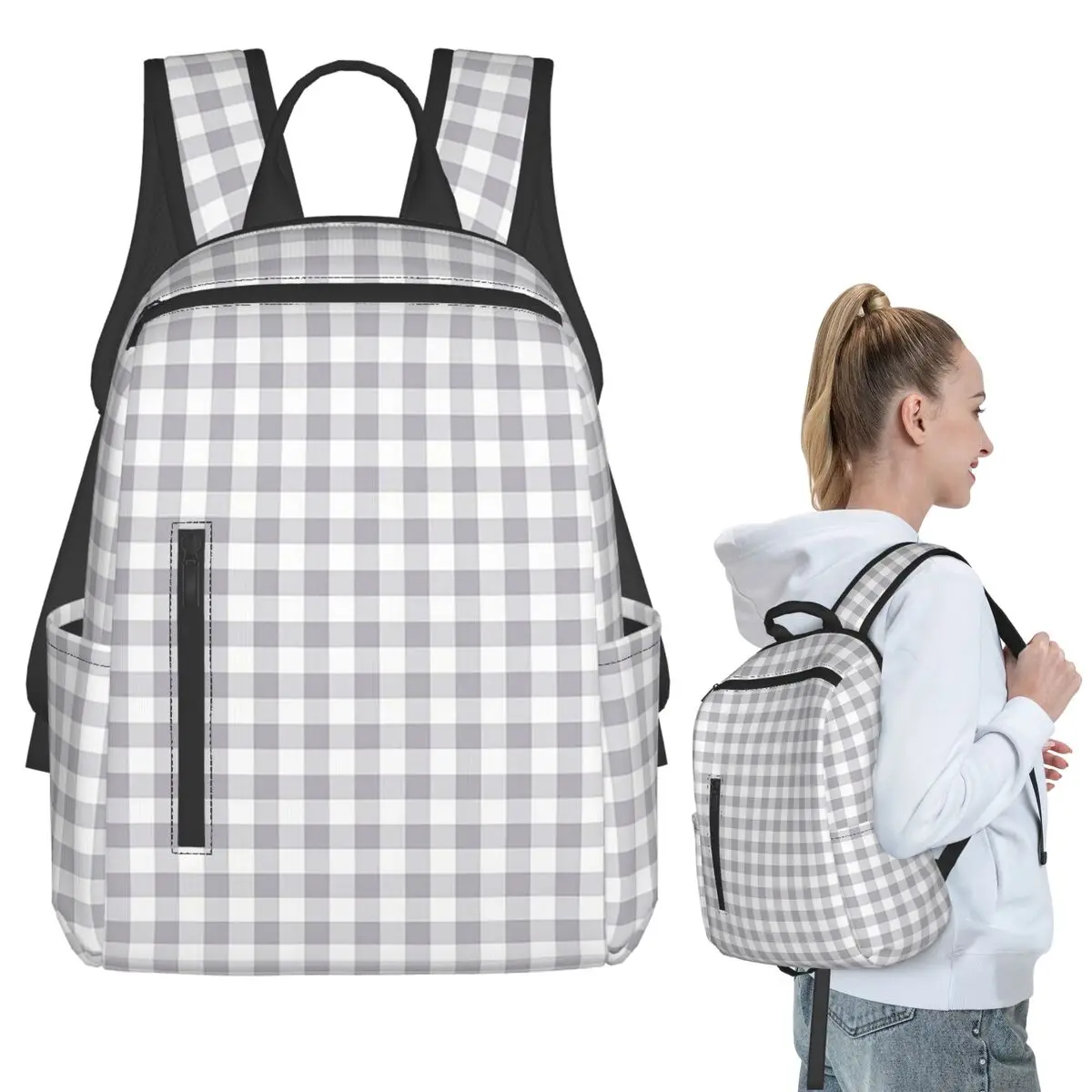 

Gray And White Gingham Backpack Student BookBag Kids School Bag Laptop Shoulder Bags Boys Girls