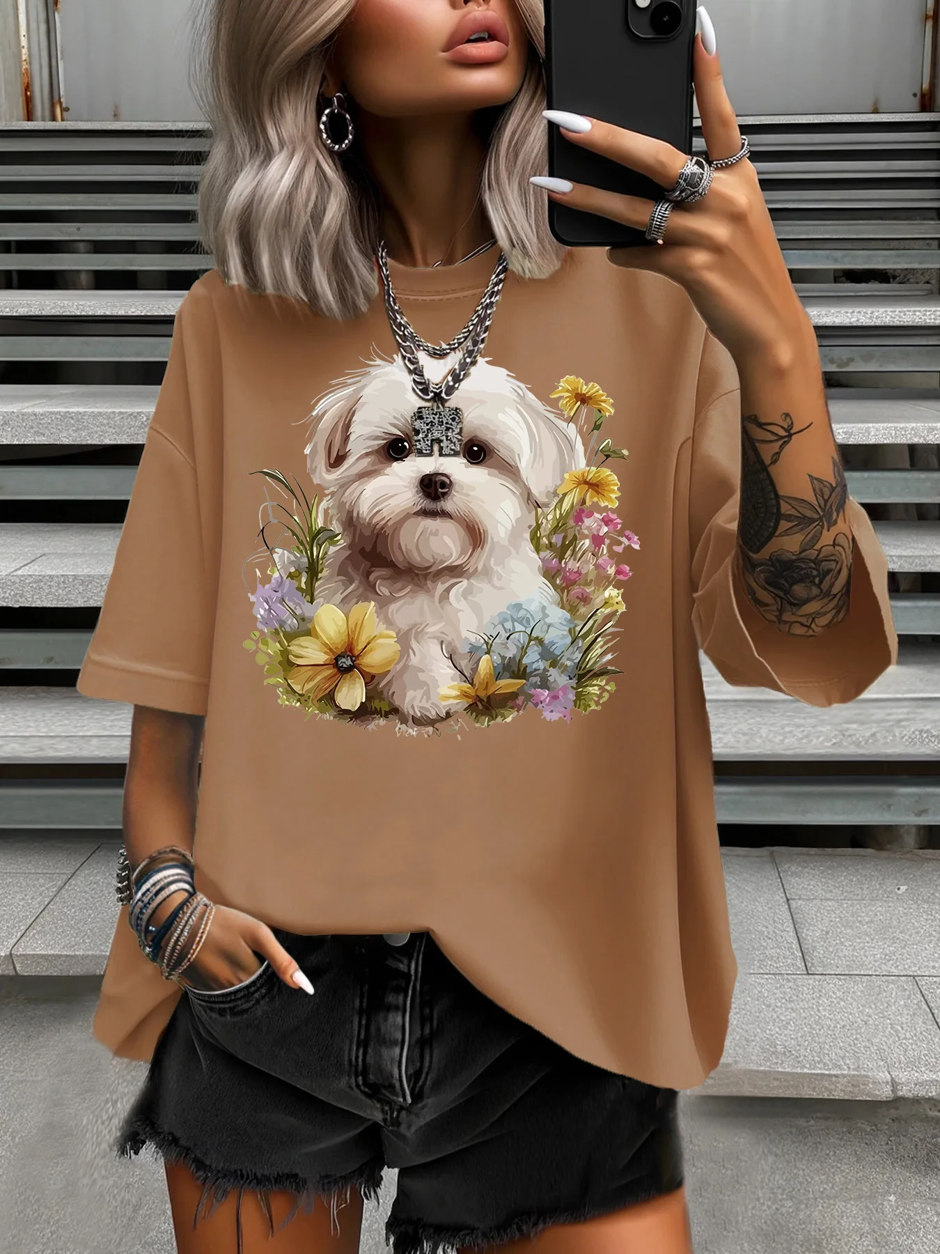 ฤดูร้อนผู้หญิง PLUS ขนาดเสื้อยืด Original Design แฟชั่นสุนัขตลกดอกไม้พิมพ์ผู้หญิงสบายๆรอบคอเสื้อแขนสั้น