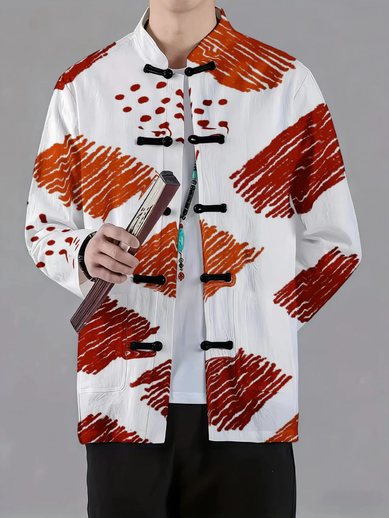 Men Mandarin Collar Frog Button Jacket Dot Stripe Brush Stroke Abstract Art Print Traditional Outerwear