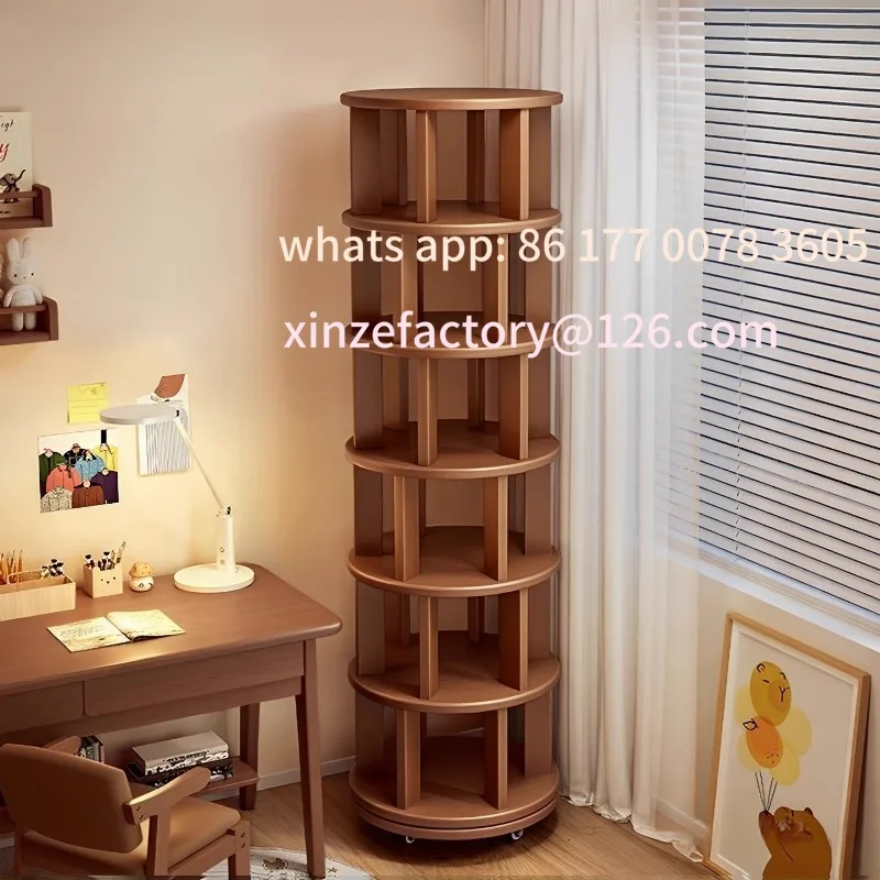 

Customizable solid wood rotating bookshelf 360 degree movable floor shelf