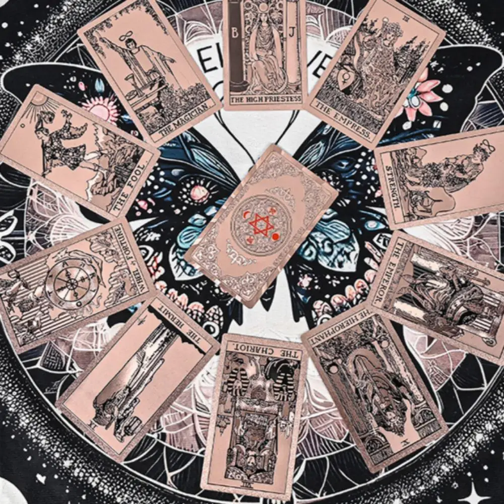 Hexagram Gold Foil Tarot Cards with Rose Pattern, 78 Cards Rider Tarot Deck 12*7cm, with Paper Instruction Guide
