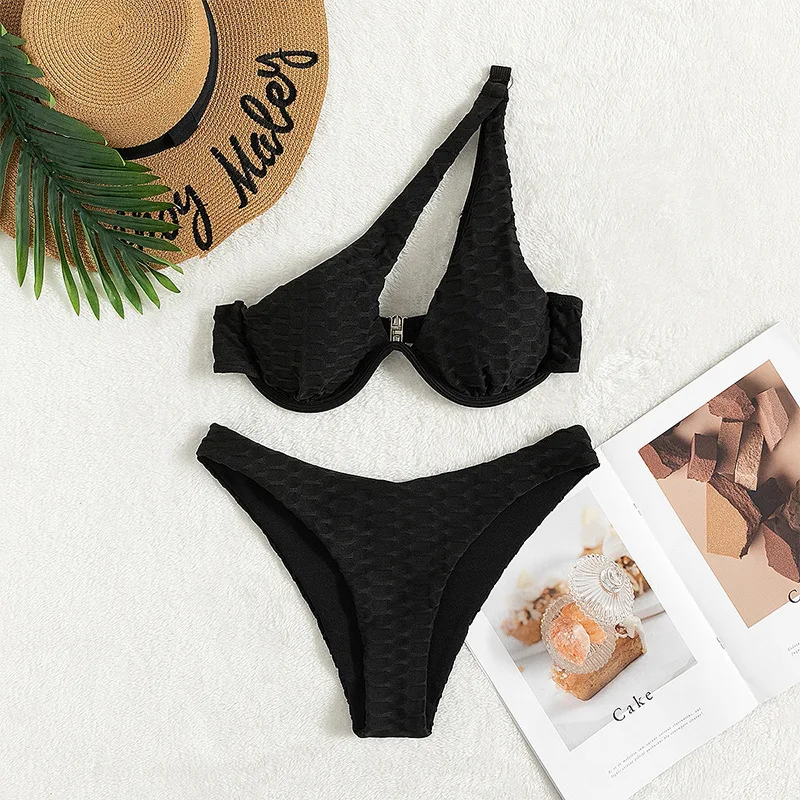 Bất Đối Xứng Hình Chữ V 1 Vai Bikini Đồ Bơi Nữ Đồ Bơi Nữ 2 Mảnh Bikini Đen Bộ Bather Áo Tắm BƠI