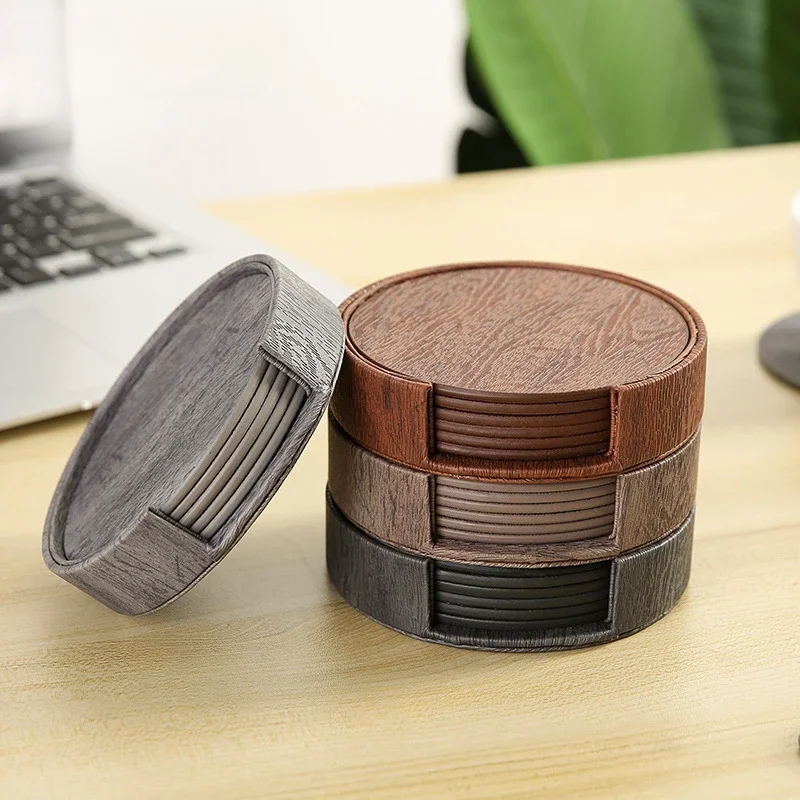 6pcs/Set Wood Grain Leather Coasters Placemats Tea and Coffee Cups Cushions Home Bar Counter Insulated Rack Non Stick