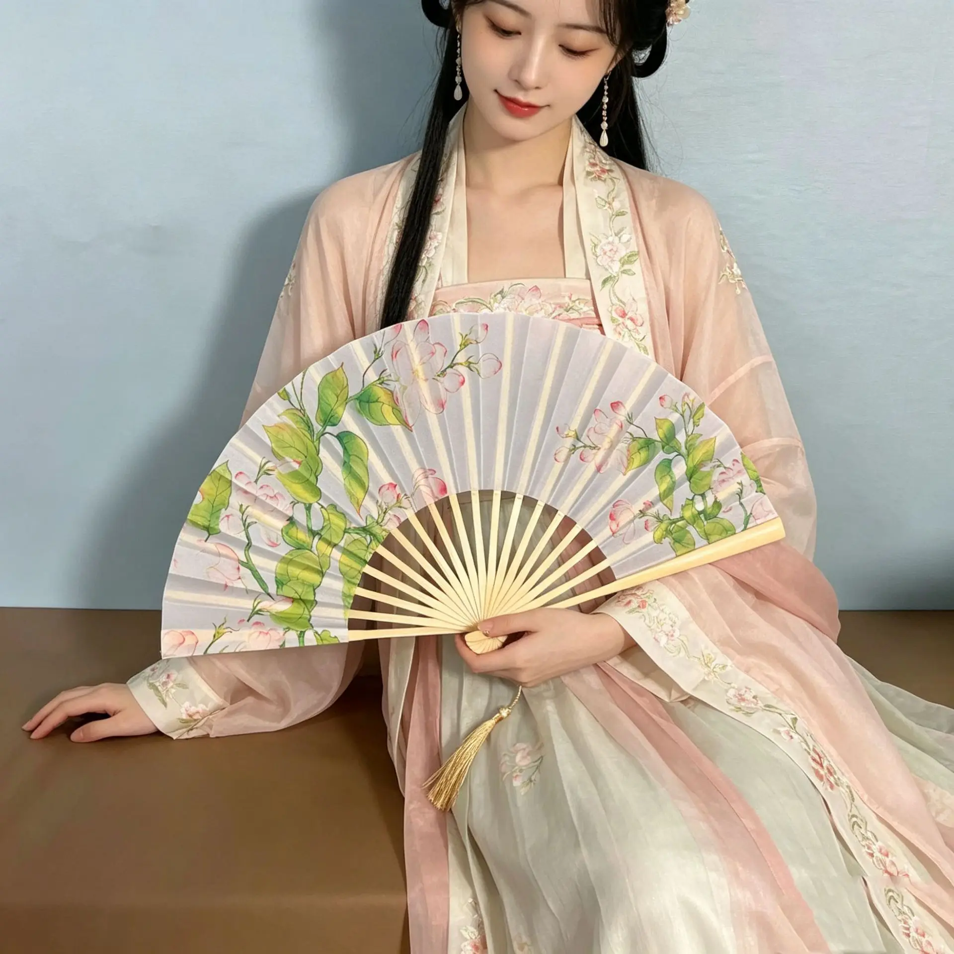 7Inch Folding Hand Fan Chinese Style Vintage Bamboo Frame Portable Handheld Fan For Dance Performance Outdoor Summer Cooling Fan