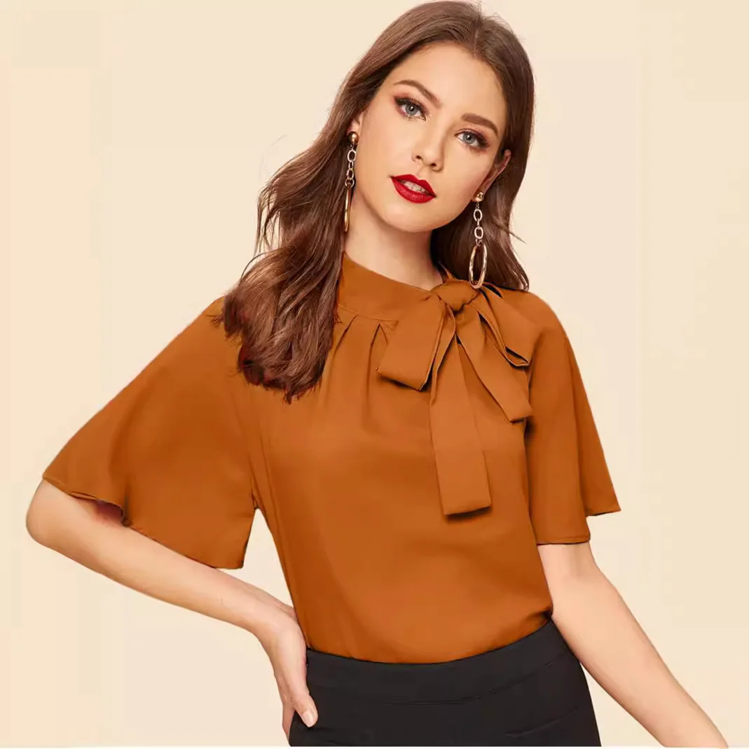 

Lotus Leaf Sleeve Strappy Front Stand-up Collar Shirt