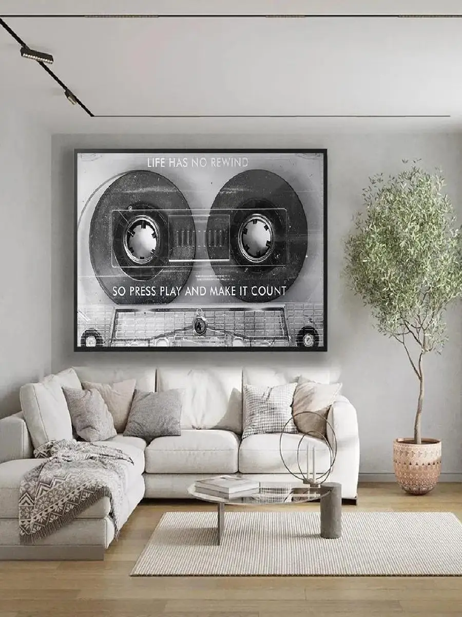 Motivational Cassette Canvas Print  Life Has No Rewind Quote Wall Art Black  White Home Decor Poster