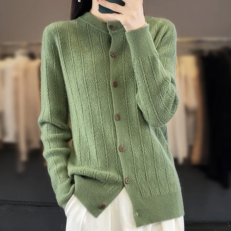 ZYCZCXX 100% Merino Wool Women's Sweater Cardigan 2024 Autumn/Winter new crewneck knitted jacquard cardigan women's Korean top