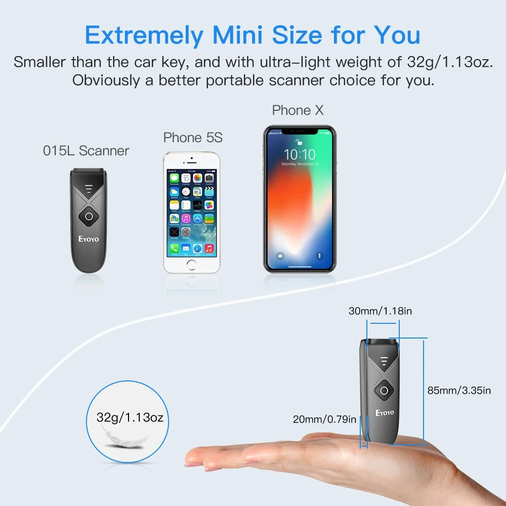Eyoyo EY-015P Bluetooth 2D&1D Barcode Scanner, Portable Wireless Mini Barcode Reader with 2.4G Wireless/Bluetooth/USB Wired Connection QR Code Scanner Compatible with Pad, Phone, Android, Tablet PC