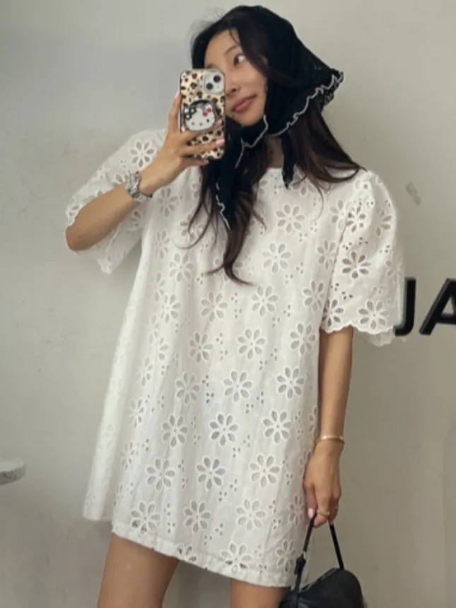 

Ele Embroidered Lace Summer Dr Women's Loose Fit Floral Hook Design Heavy Embroidery Korean Sle ort Skirt