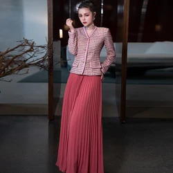 ZJYT Designer Elegant Party Long Dress Sets 2 Pieces Womens Outfit 2024 Winter Long Sleeve Tweed Jacket Pleated Maxi Skirt Suit