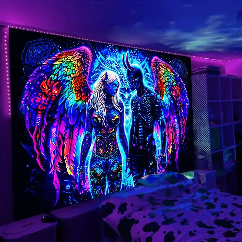 VIKAMA Neon Demon Angel Couple Tapestry Rainbow Wing Wall Hanging Trippy Fantasy Aesthetic Backdrop for Bedroom Blacklight Decor