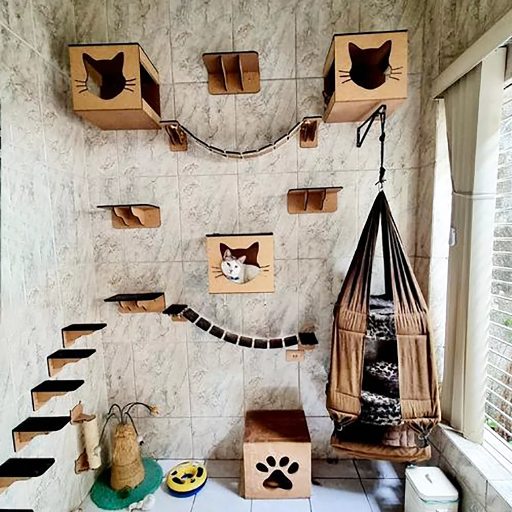 Cat Wall-mounted Wooden Pet Furniture Climbing Frame Cat Hammock Sisal Ladder Cat Tree and Tower For Kittens Indoor Play