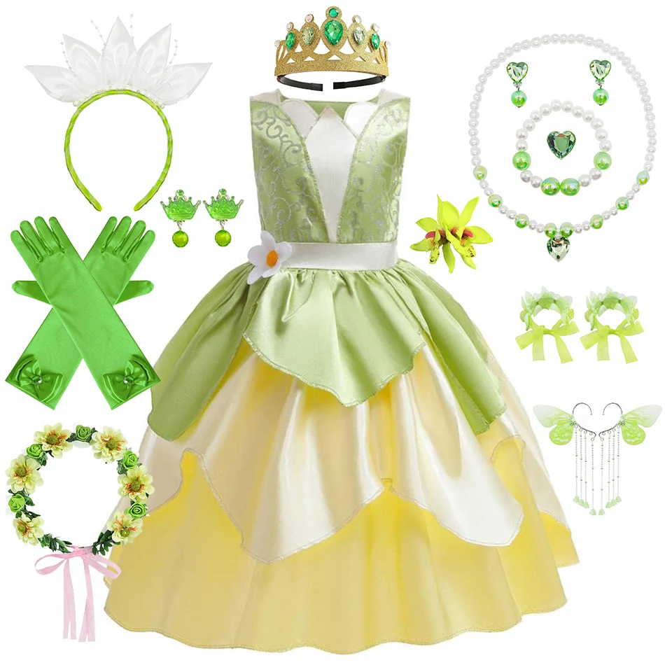 Tiana Costume Girls Cosplay Princess Dress Up Children Christmas Carnival Party Vestidos Kids Green Sleeveless Elegant Dresses