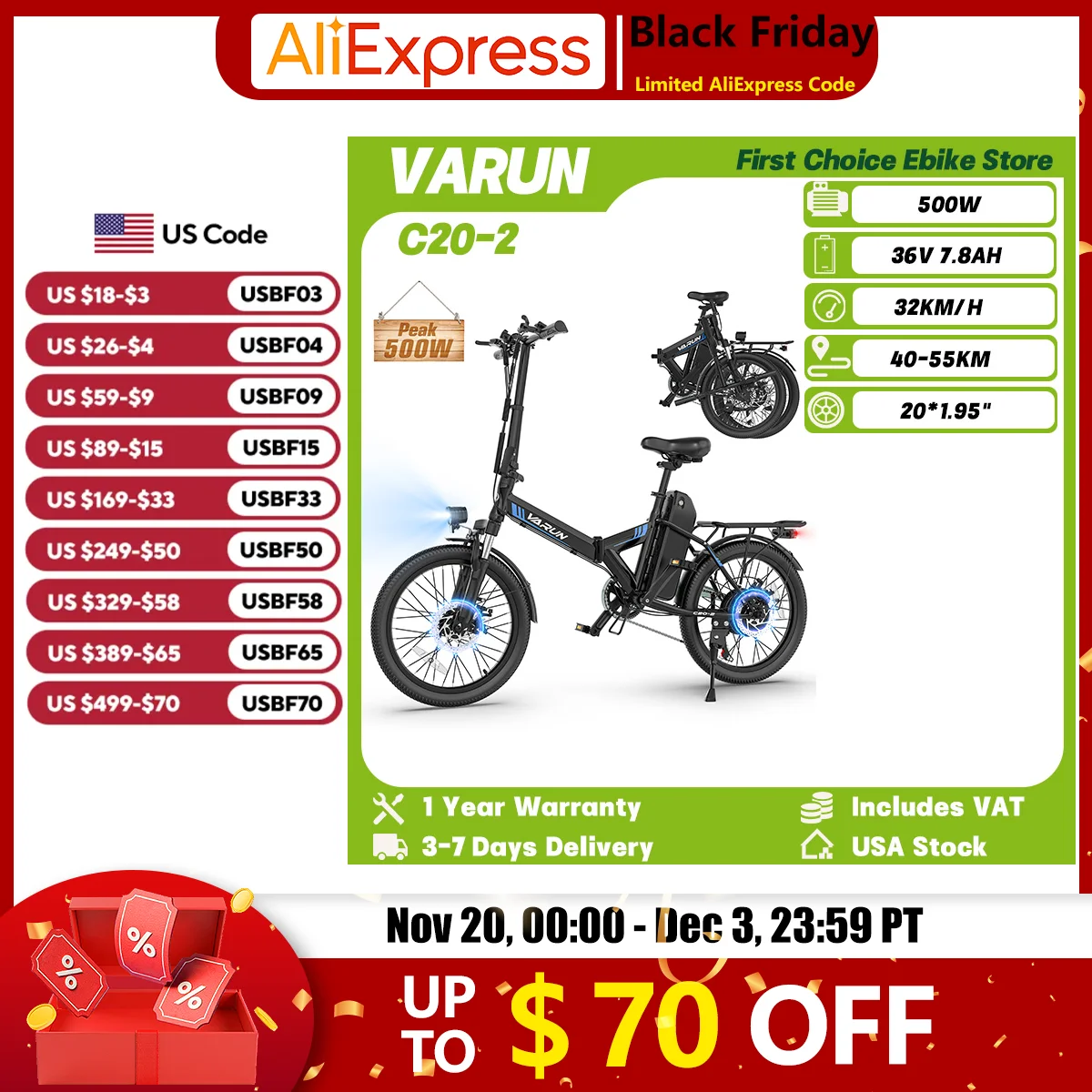 

VARUN C20-2 Adult Folding Ebike 500W Peak Motor 36V 7.8Ah Battery Travel Electric Bike 20*1.95" City Commuting Electric Bicycle