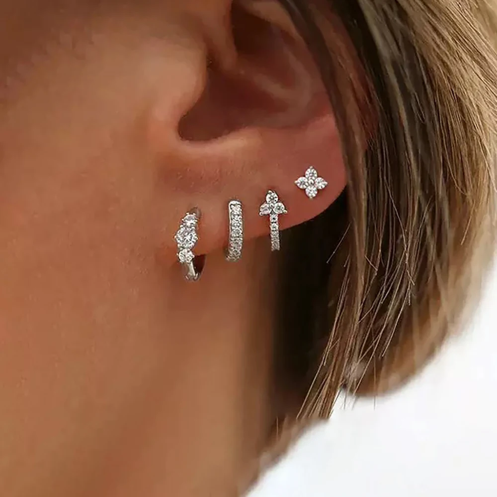 4PCS Fashion Small Crystal Flower Hoop Earrings Set for Women 18K Gold Plated Cartilage Piercing Earrings Girls Jewelry Gift