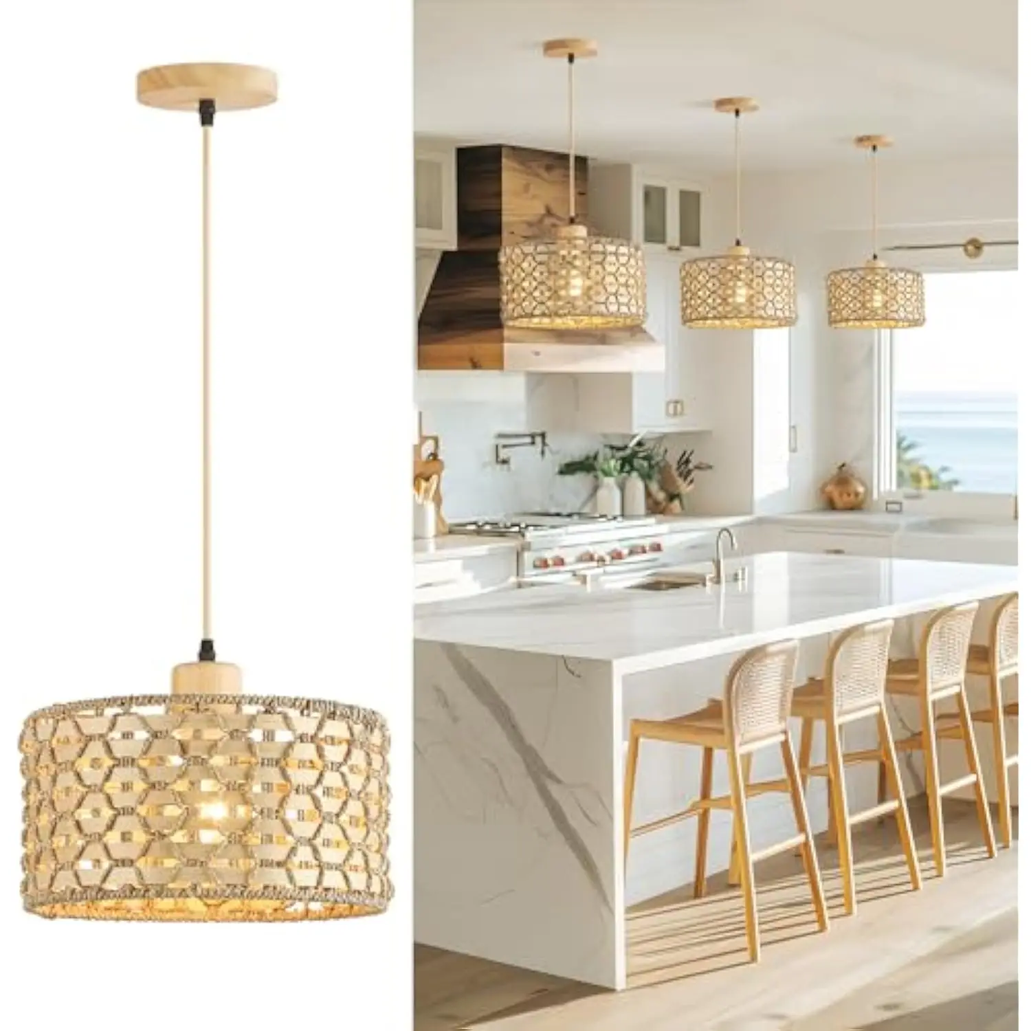 

Подвесной светильник ручной работы, 11,8 Boho 1-Light из натурального ротанга, подвесной светильник, потолочный светильник, плетеный светильник для фермерского дома, барабан, прибрежный