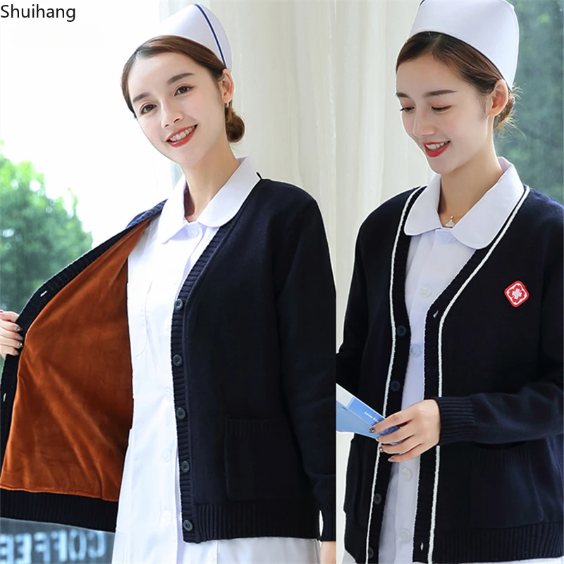 Nurse's sweater jacket, cardigan, navy blue, fleece and thick knit, the nurse's coat is warm in autumn and winter