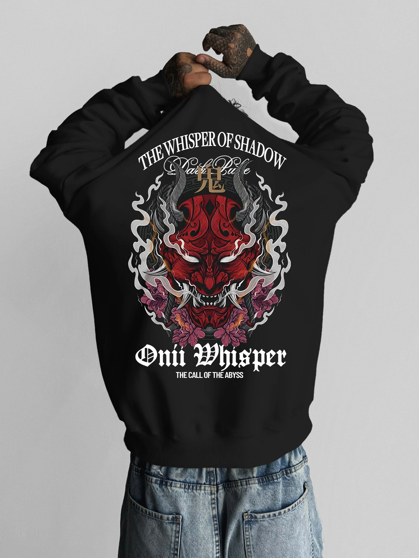 Men'S Crew Neck Sweatshirt Featuring A Dark Style Print of A Japanese Hannya Mask