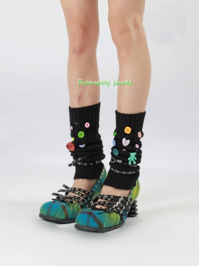 

Soft-soled Ballet Shoes Square-Toe Unique High Heels Belt Buckle Decoration Christmas Women's Shoes Handmade Luxury