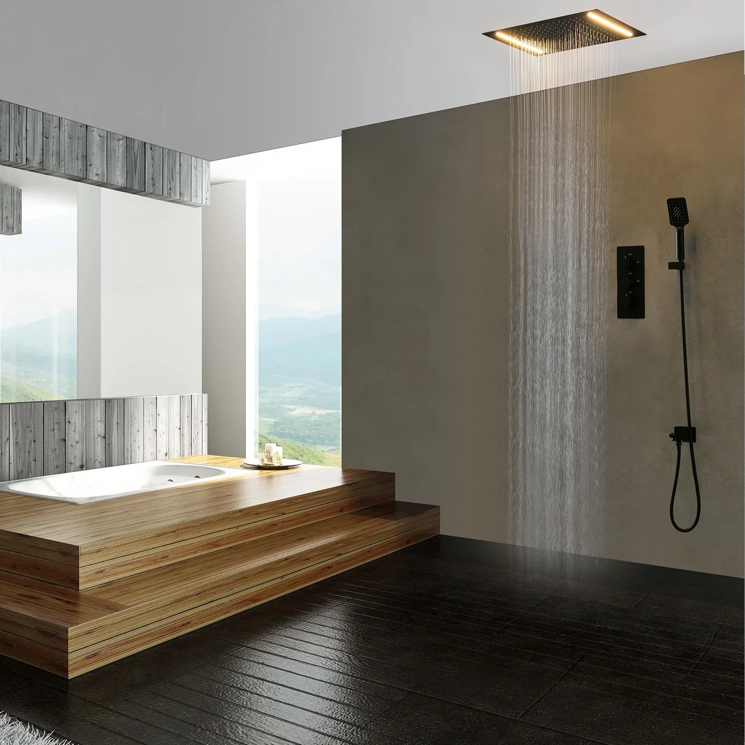 Bathroom Matt Black LED Shower Set 360*500mm Ceiling Mounted Rain Shower System Thermostatic Mixer Faucets