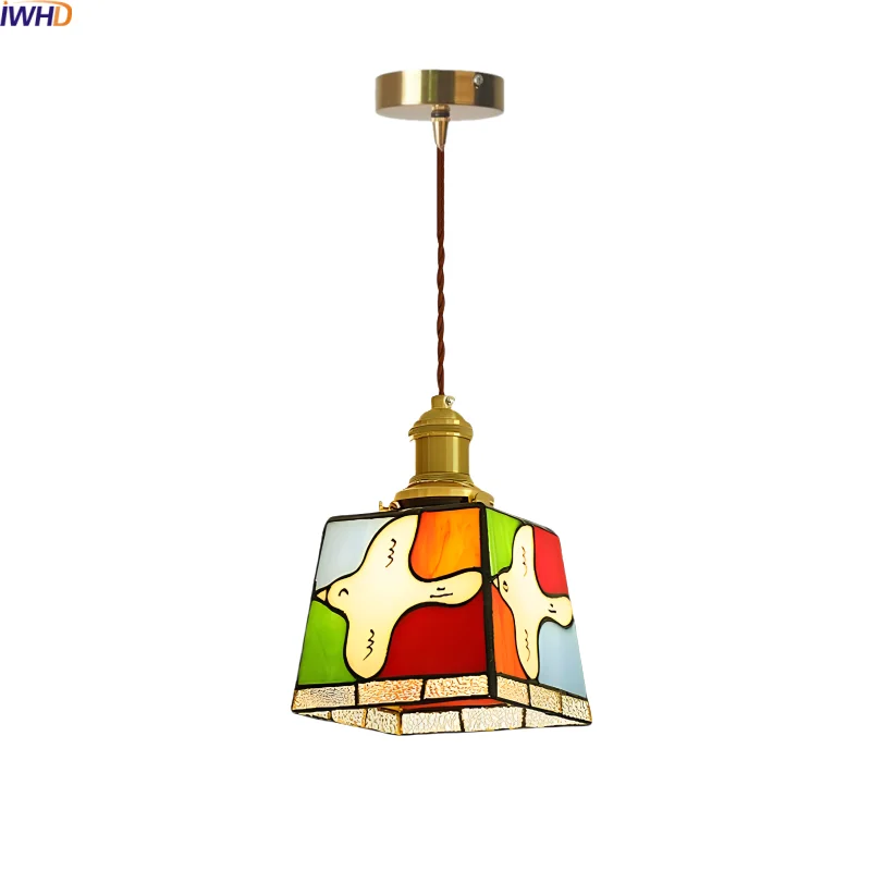 

IWHD Colorful Glass LED Pendant Lamp Living Dining Room Table Retro Gold Brass Modern Nordic Hanging Lights Fixture Hanglamp