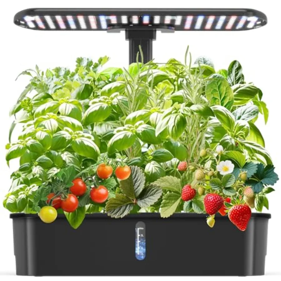 

Smart Indoor Herb Garden Hydroponics Kit with 24W LED Grow Light Adjustable Planting Height 12 Pods Germination System Quiet Pu