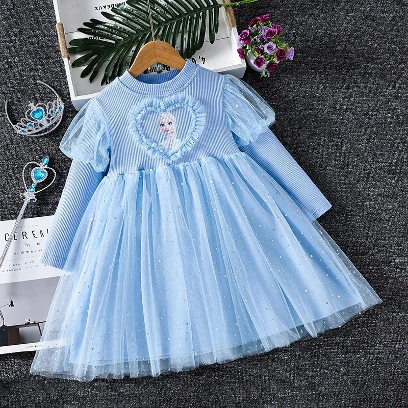 Disney Princess Ariel Dress For Girls Spring Autumn 2024 Frozen Elsa Cotton Children's Gown Casual Dress For Kids