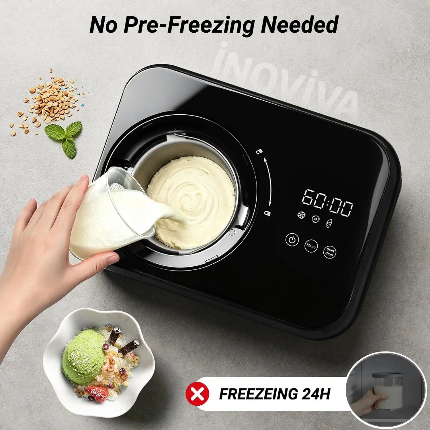 ^Ice Cream Maker Automatic 1.7 Pt, No Pre-Freezing,Built-In Compressor, Digital Display & Timer,3 Presets, Makes ice cream