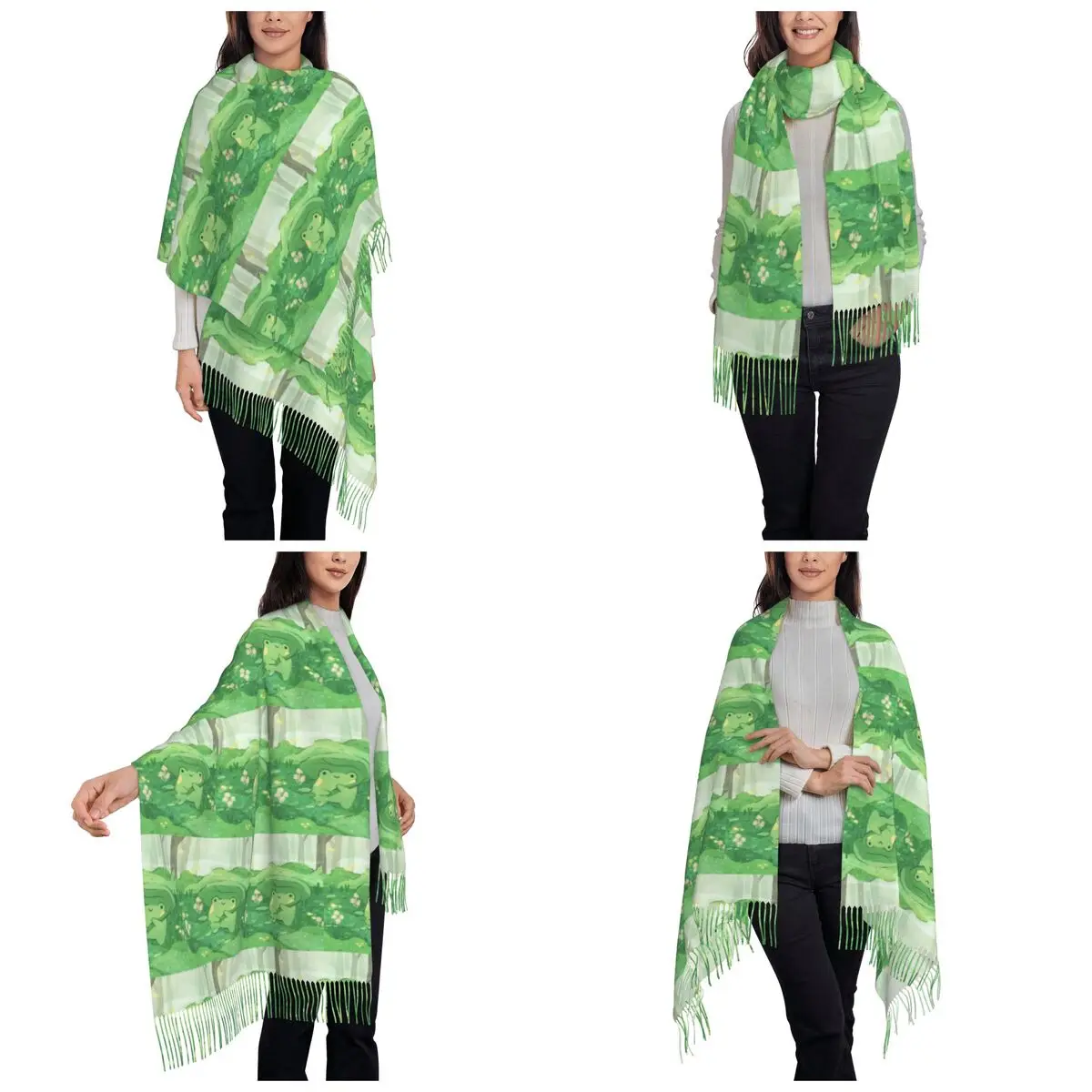 Cute Frog Under Leaf Rain Design Scarf Tassel Scarves for Women Soft Warm Shawls and Wraps Large Fall Winter Shawl Wrap