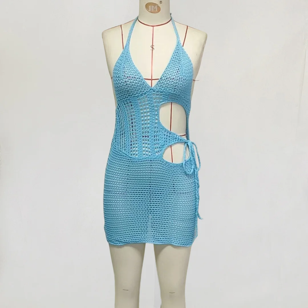4-farbiges, V-Ausschnitt-Halfter-Kleid mit Ausschnitten, gehäkelt, gestrickt, Tunika, Strandkleid, Strandmode, Strandbekleidung, Strandüberwurf, Damen, V7001 – Detail 13
