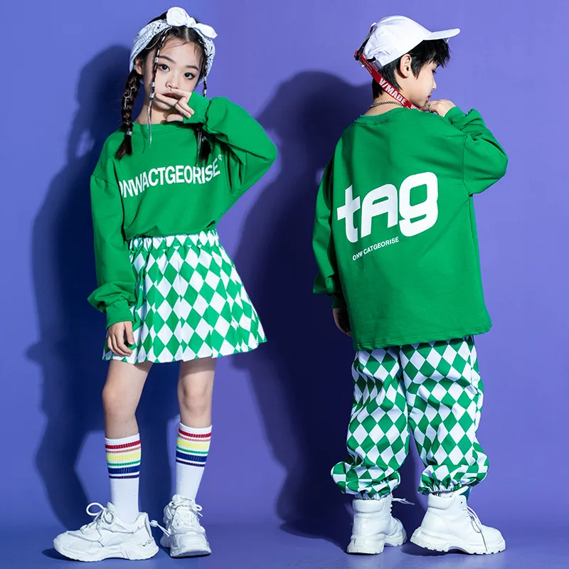 Kid Hip Hop Clothing Green Letter Sweatshirt Checkered Street Jogger Pants Pleated Skirt for Girl Boy Jazz Dance Costume Clothes