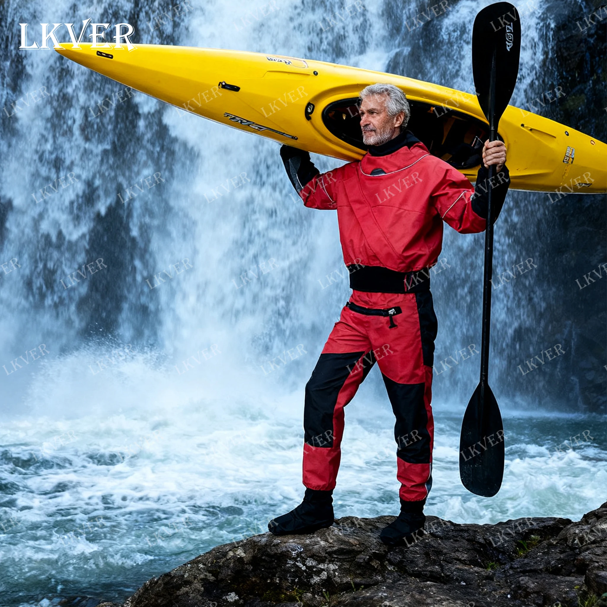 

Мужской каякинговый дышащий сухой костюм для серфинга, рыбалки нахлыстом, трехслойная водонепроницаемая ткань, Неопреновые манжеты и вырез, сухой костюм