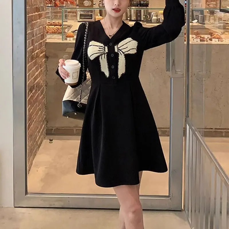 

Korean V-Neck Mini Dress Women's Clothing Stylish Bow Patch Designs Spring Autumn Elegant A-Line Waist Basic Long Sleeve Dresses