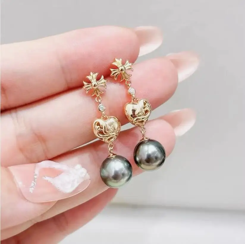 

stunning 9-10mm 10-11mm 8-9mm tahitian round black green pearl dangle earring 925s