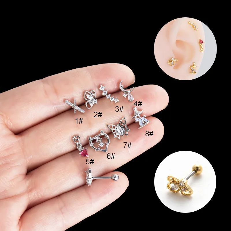 1PC Stainless Steel 0.8mm Thin Rod Piercing Stud Earrings Cute Love Heat Butterfly Carousel CZ Ear Bone Nails for Teens Ear Cuff