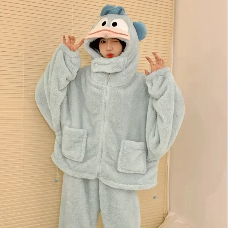 Sanrio pajamas   new winter thermal hooded pullover two-piece set cartoon Sanrio women's loungewear ugly fish women's pajamas