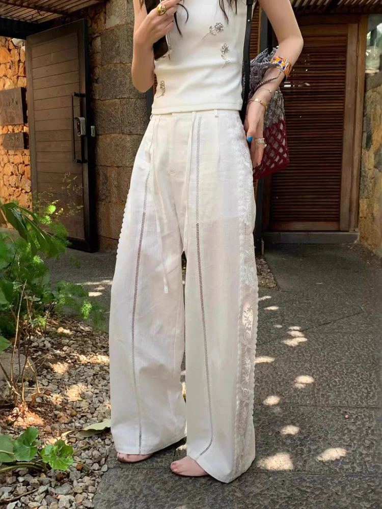 

Y2K милые кружевные лоскутные белые брюки женские новые повседневные широкие брюки с высокой талией корейские модные свободные брюки для бега уличная одежда