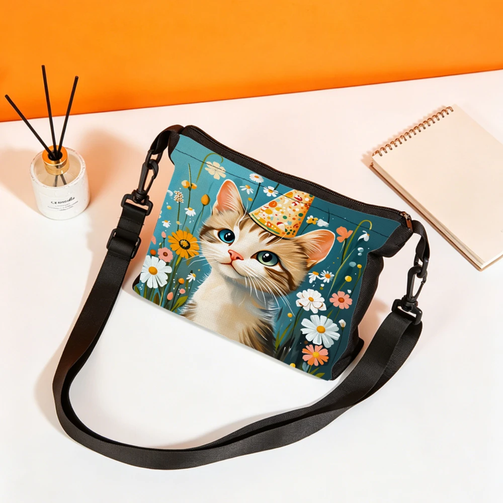 1pc Cat Print Crossbody Bag Blue Floral And Cat Pattern Shoulder Bags For Women Casual Daily Use Office School Travel Handbag