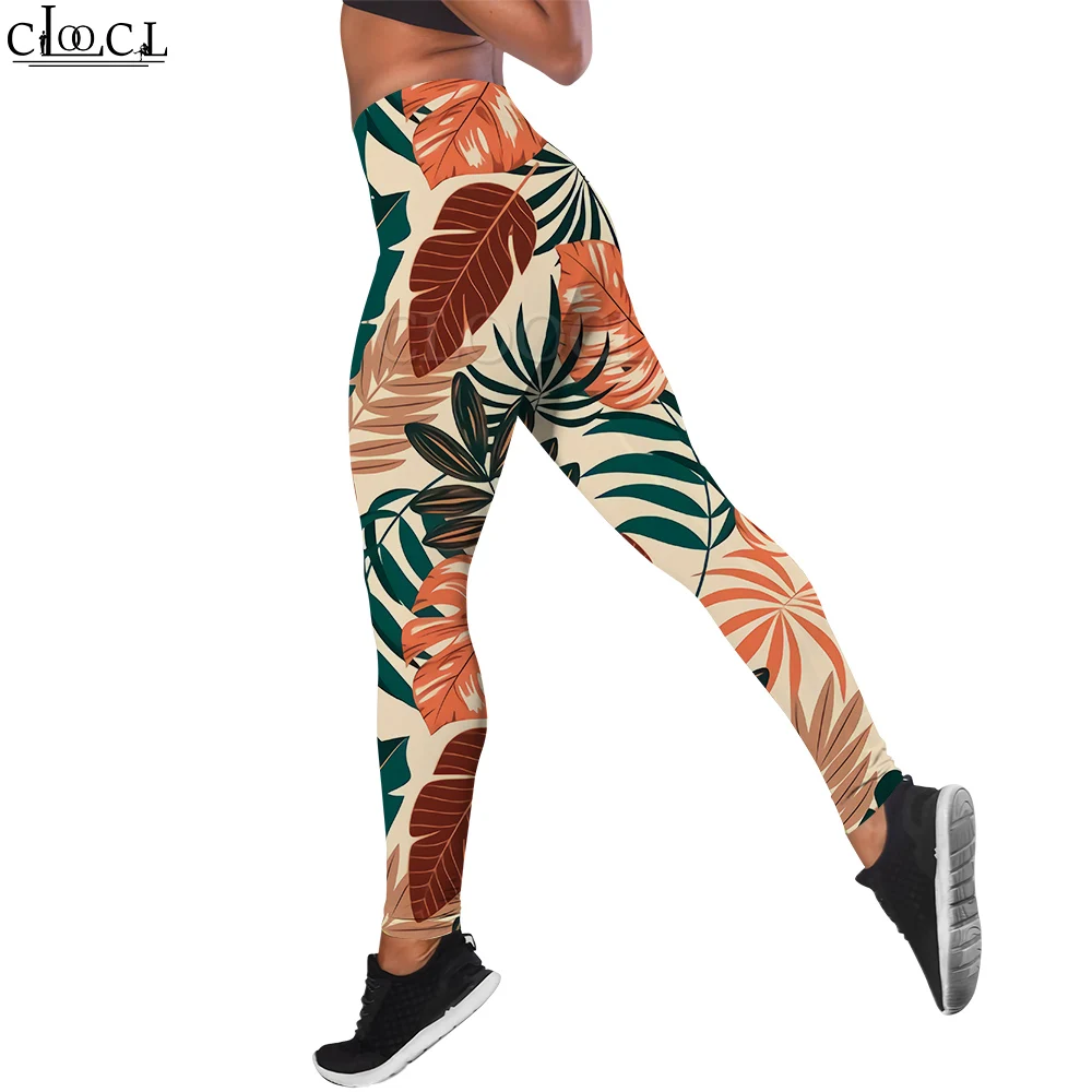 CLOOCL Dameslegging Europese stijl Bladerenpatroon 3D-geprinte broek Hoge taille Stretch Sportlegging Oefening Vormgeven