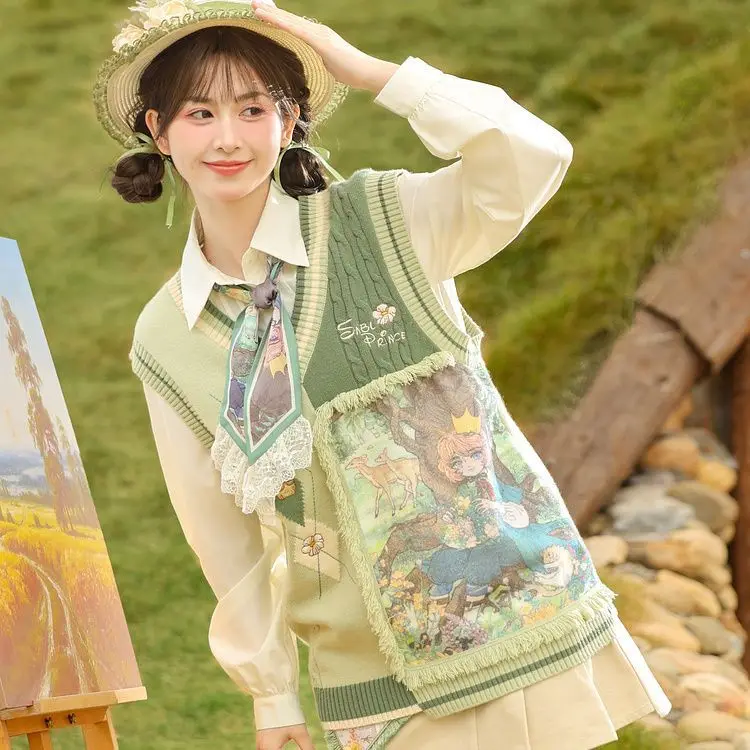 Suéter de punto estilo chica Mori, chaleco para mujer, suéter con estampado de pintura al óleo de dibujos animados Kawaii, abrigo, Jersey de punto Harajuku, chaleco, Tops