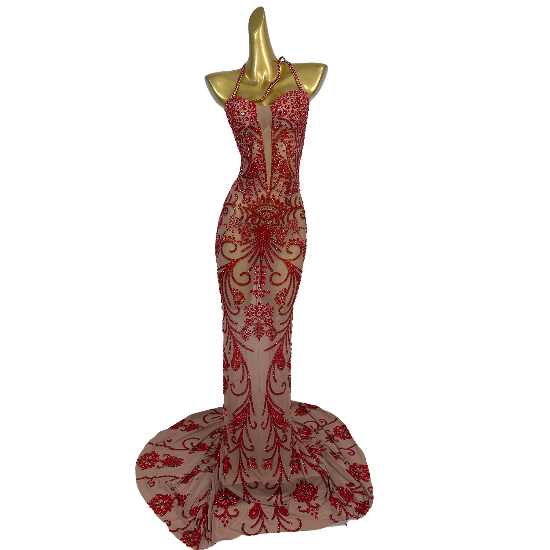 

Вечернее платье Yadan с красными стразами, сексуальное прозрачное сетчатое платье с шлейфом, для свадебных торжеств, вечеринок, дней рождения, коктейльных вечеринок, выпускных балов