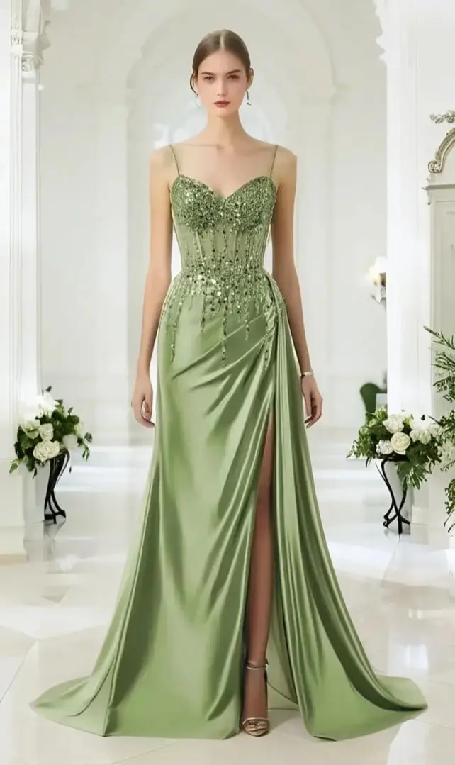 

Сверкающее атласное платье для выпускного вечера из бисера с разрезом и кружевными аппликациями на бретельках Длинные вечерние платья русалки