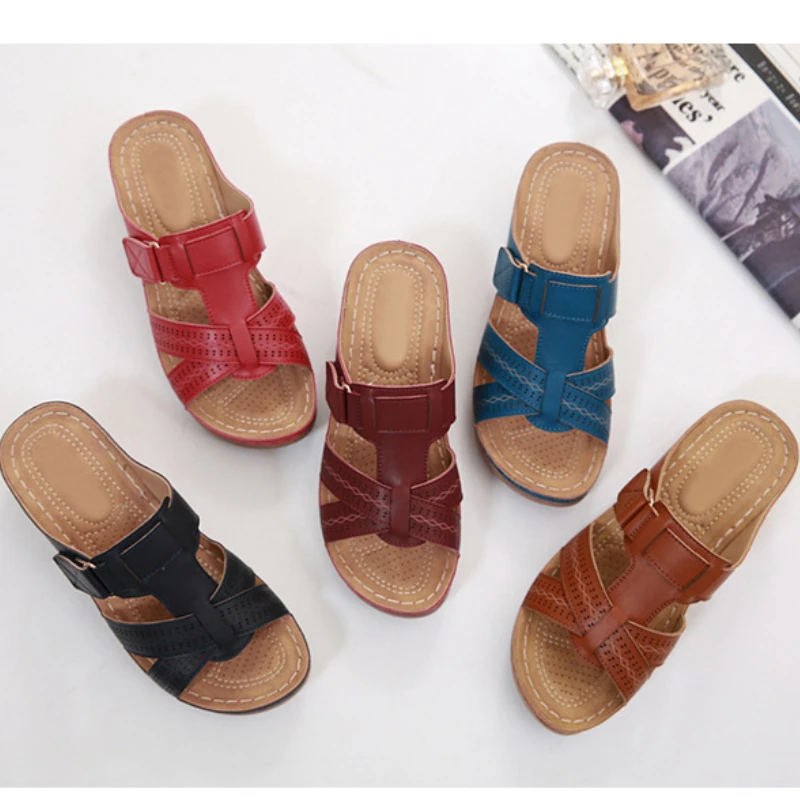 Women Summer Wedge Sandals Casual Open Toe Leather flip flop Platform Retro Anti-slip Wedge Slippers Vintage shoes sandalias