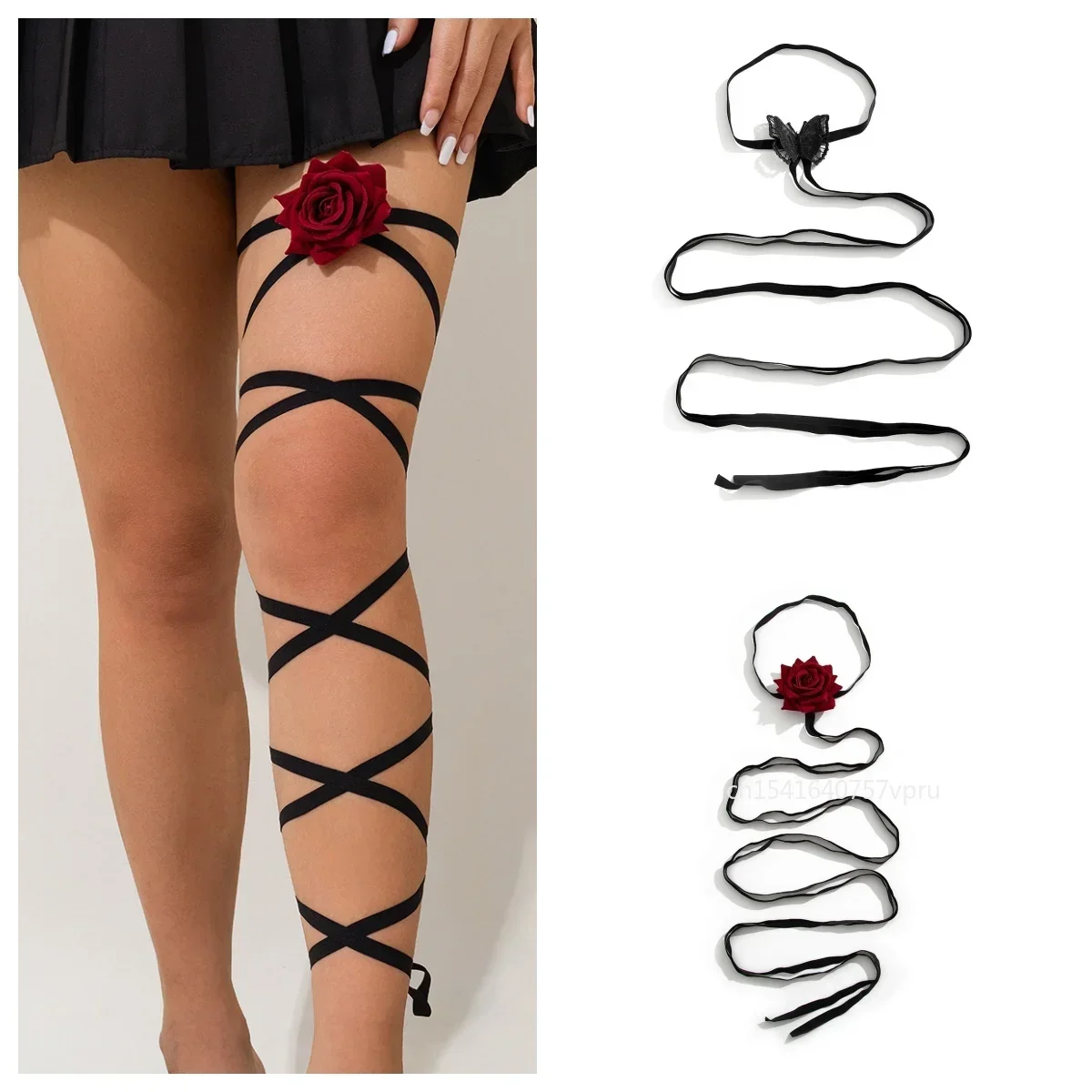 1Pc Gothic Multilayer Black Elastic Band Leg Thigh Chain Women Sexy rose butterfly Harness Cosplay Harajuku Body Jewelry Anklets