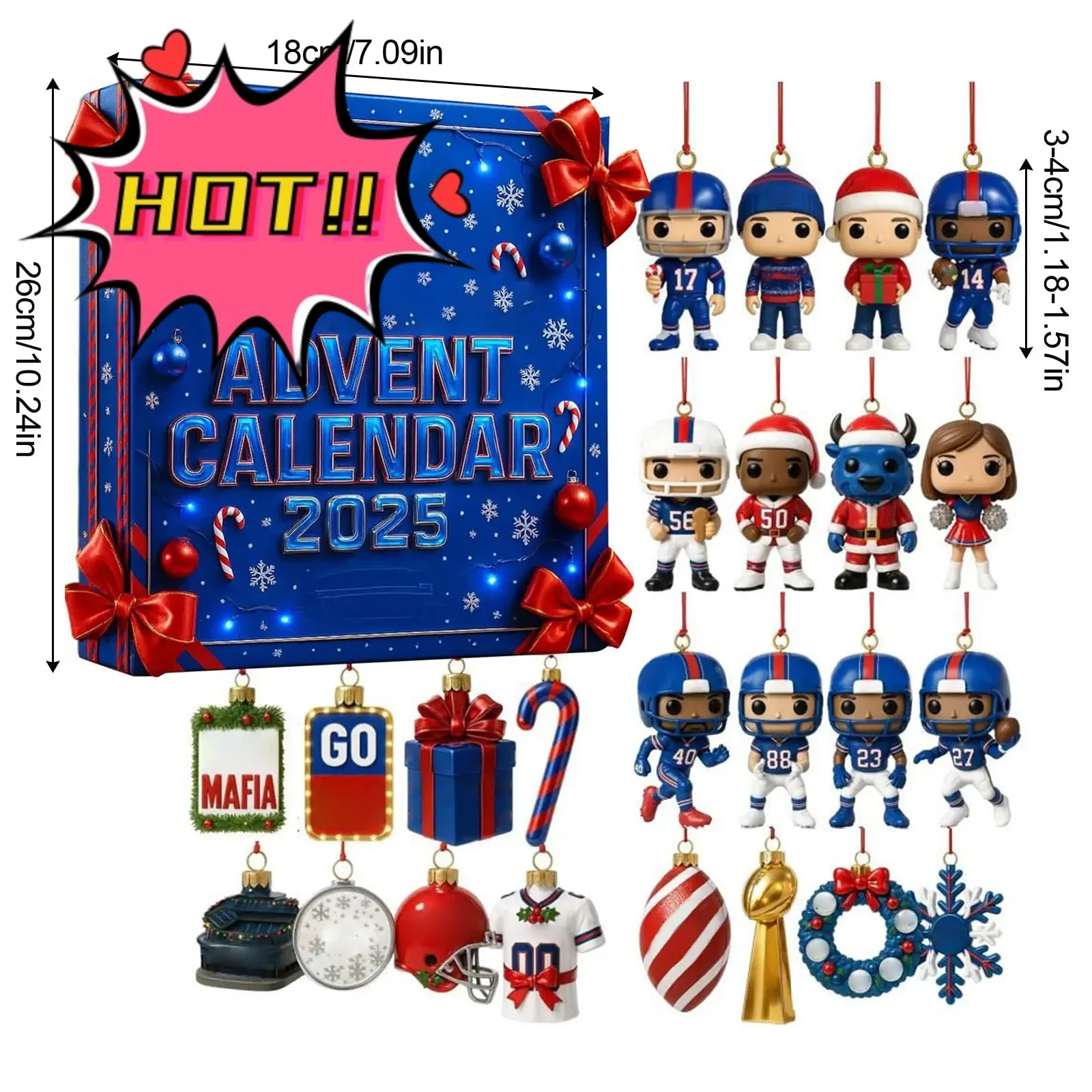 Calendario de cuenta regresiva navideña de acrílico plano 2D - 24 días de decoraciones temáticas del equipo con NFL, tradición navideña perfecta para el fútbol